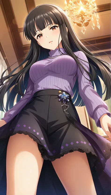 (((masterpiece))),(((High Quality))),(((Kurokawa Chiaki ))),(((medium breasts))),black hair,long hair,purple knitted sweater,Black Skirt,((low angle)),Slim and beautiful thighs,Ulchan-6500-v1.1, ( RAW photos :1.2), beautiful detailed, very detailedな目 美しい目,...