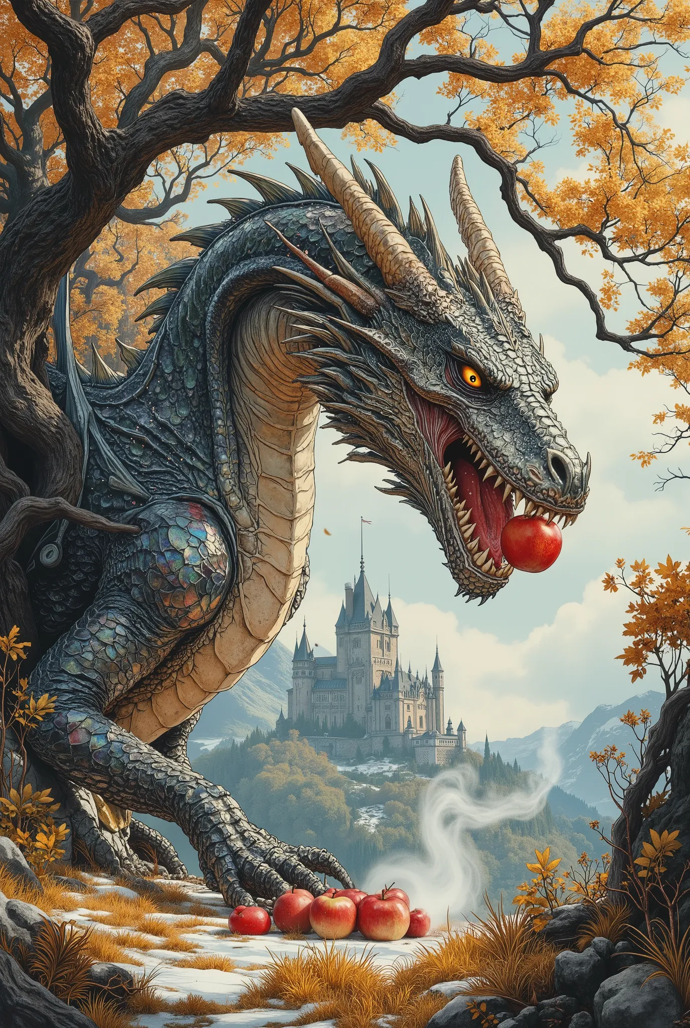 A low angle looking vertically up at a full-length figure of a huge, terrifyingly beautiful fantastic dragon covered with iridescent mirrored holographic scales that sparkle brightly in the sun. A drunken, contented dragon eats shiny red apples in the gard...