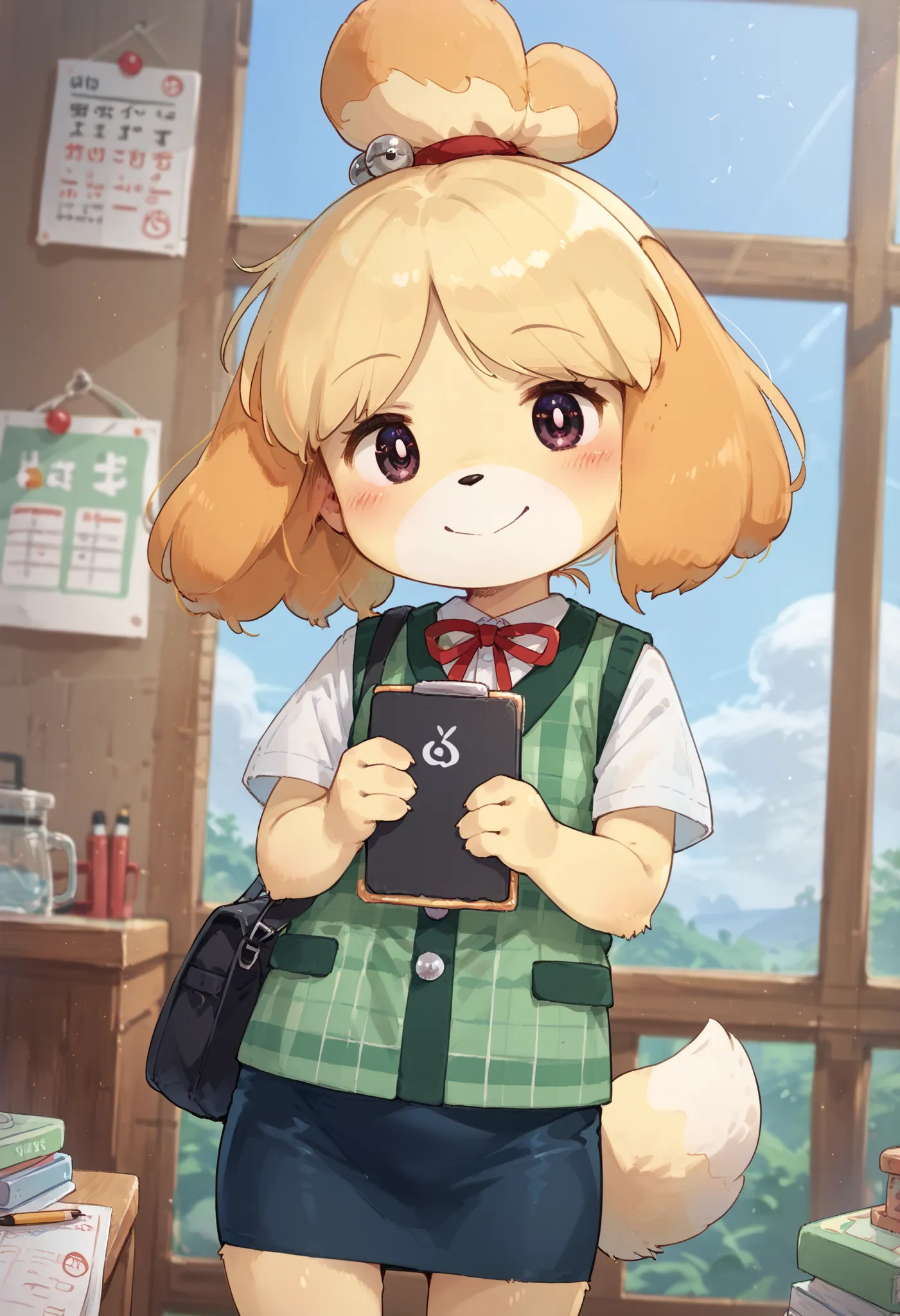 score_9, score_8_up, score_7_up, source_anime,dutch angle, absurdres,1girl, dog girl, shizubelle, animal ears, furry female, blonde hair, tail,white shirt,short sleeve,vest,pencil skirt,smile,