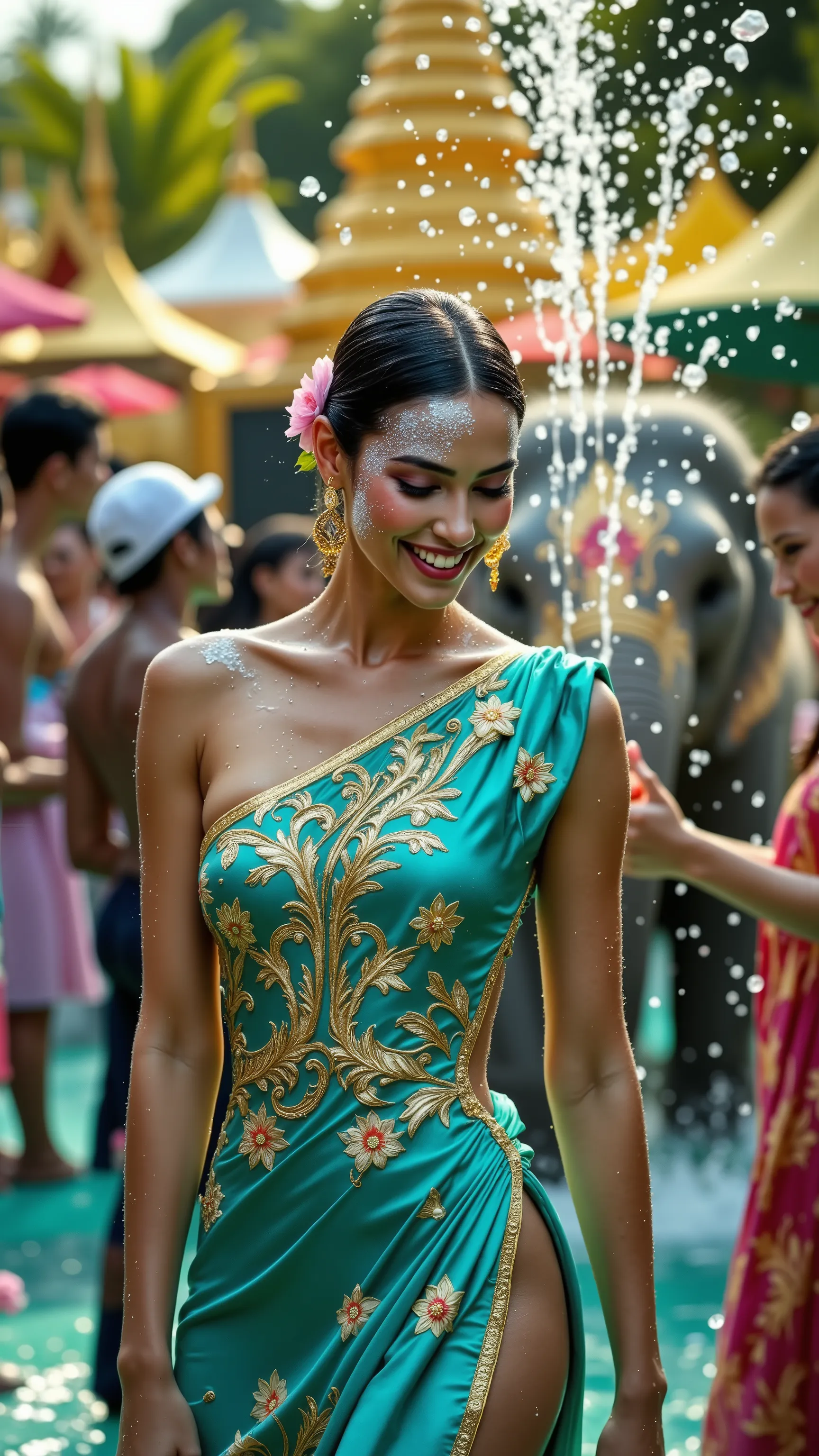 High-fashion portrait in vibrant Songkran celebration setting, ultra-detailed. Thai model with radiant wet skin, laughing, clad in contemporary couture dress inspired by traditional Thai patterns — silk fabric drenched and clinging, with intricate golden e...