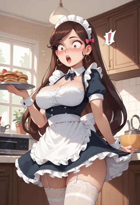 Angie Diaz, half body, long hair, blush, surprised, maid clothes. big breasts, White thighhigh stockings, garter belt in each stocking, in a kitchen