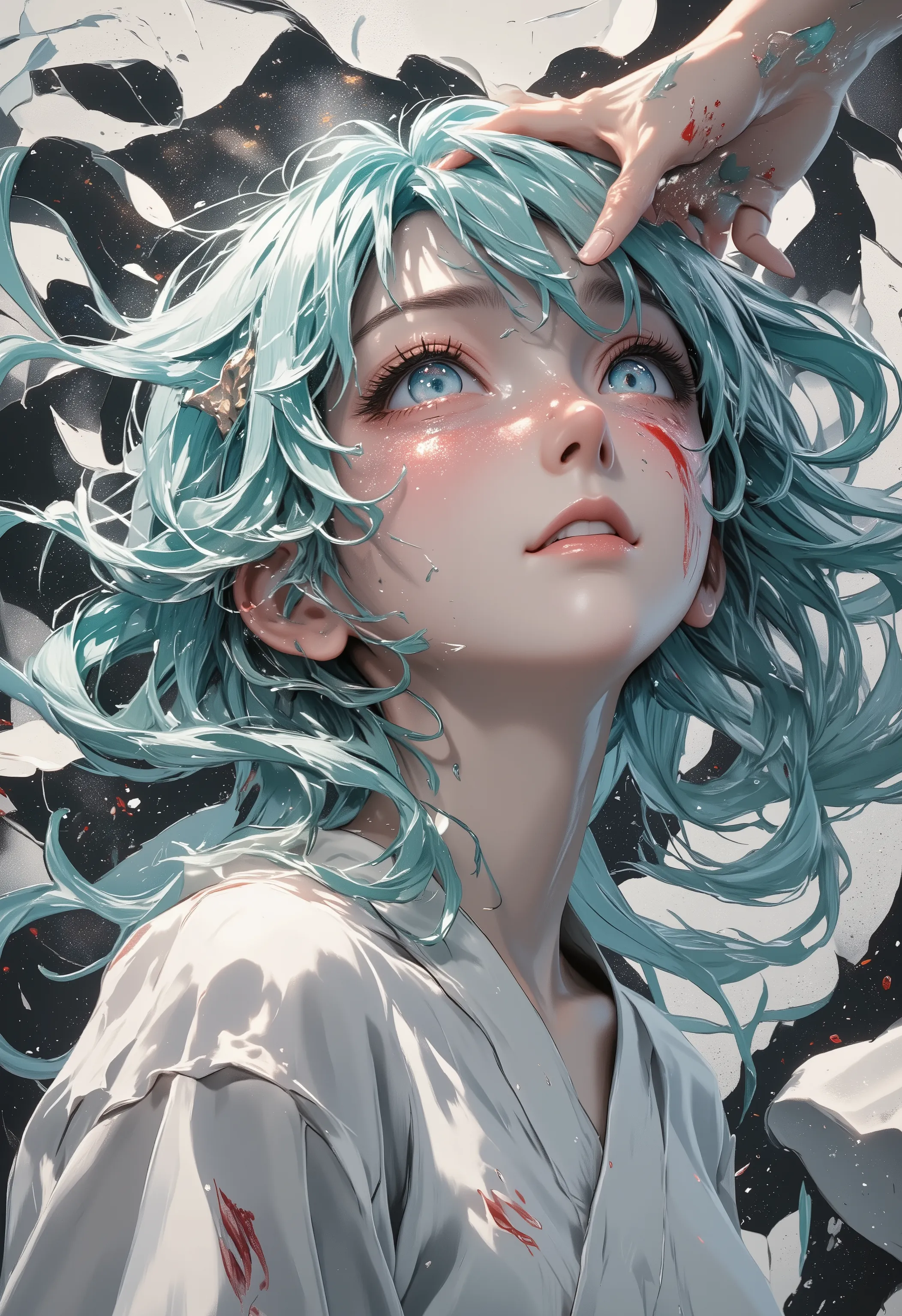 "Close-up shot of Hatsune Miku's face being slapped, flying tears with liquid refraction, disheveled hair strands in motion blur, porcelain skin texture with red mark details, dramatic chiaroscuro lighting, ukiyo-e brushstroke textures, minimalist monochro...