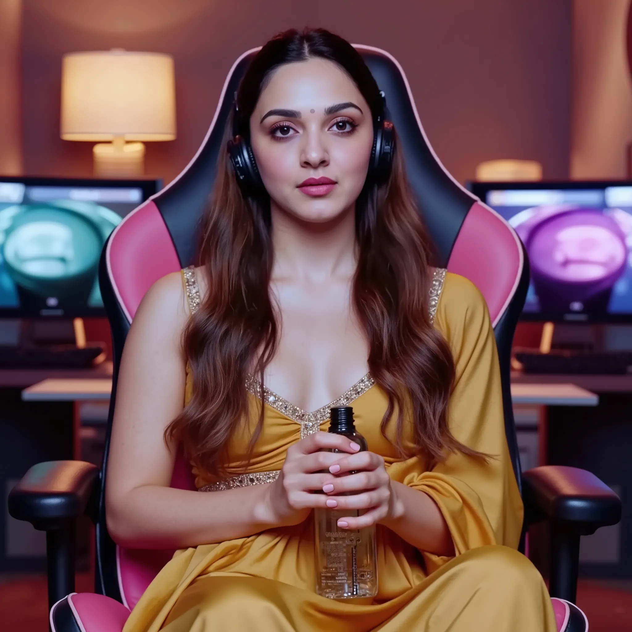 A beautiful young female streamer sitting properly on a stylish pink and black gaming chair, front view. She is wearing a small dark yellow frock with decorative patterns on it. She is sitting close to the camera, holding a water bottle in one hand while h...
