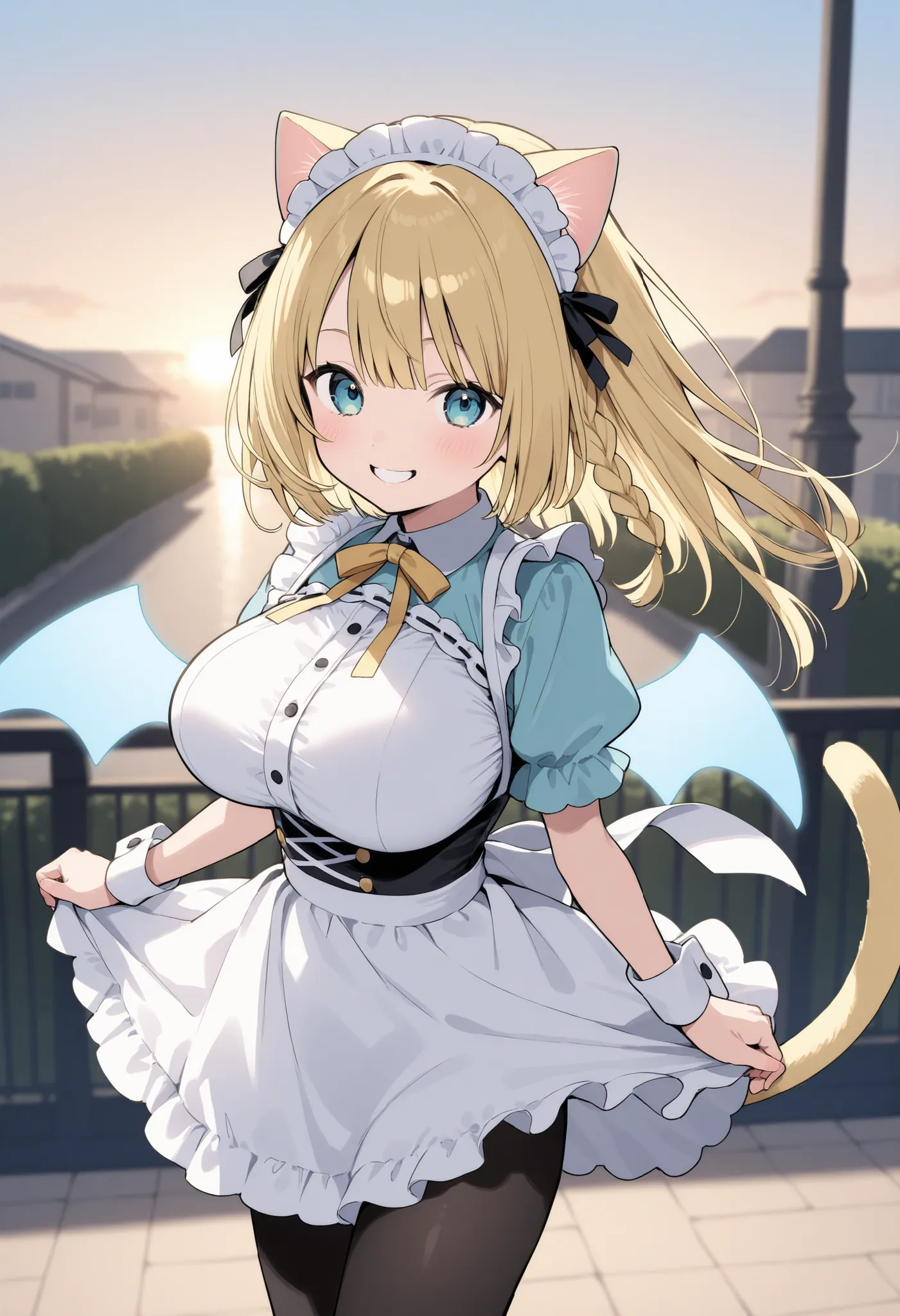 Blonde Cat Ears、bob cut blonde hair、 braids on both sides、big breasts、Maid Outfit、Gothic ta、smile、Pose putting your hands forward 、