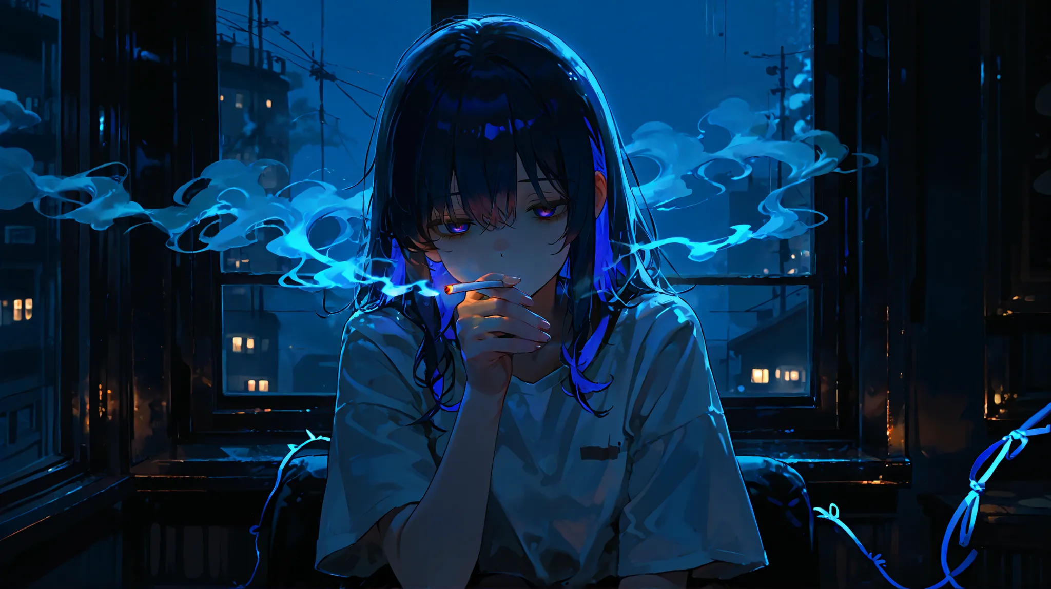 1girl, sitting by window, holding cigarette, smoke rising in spiral shape, empty stare, melancholic expression, white shirt, multicolored hair, dark blue nighttime room, cinematic lighting, smoke trailing upward in soft spirals, feeling of isolation, emoti...