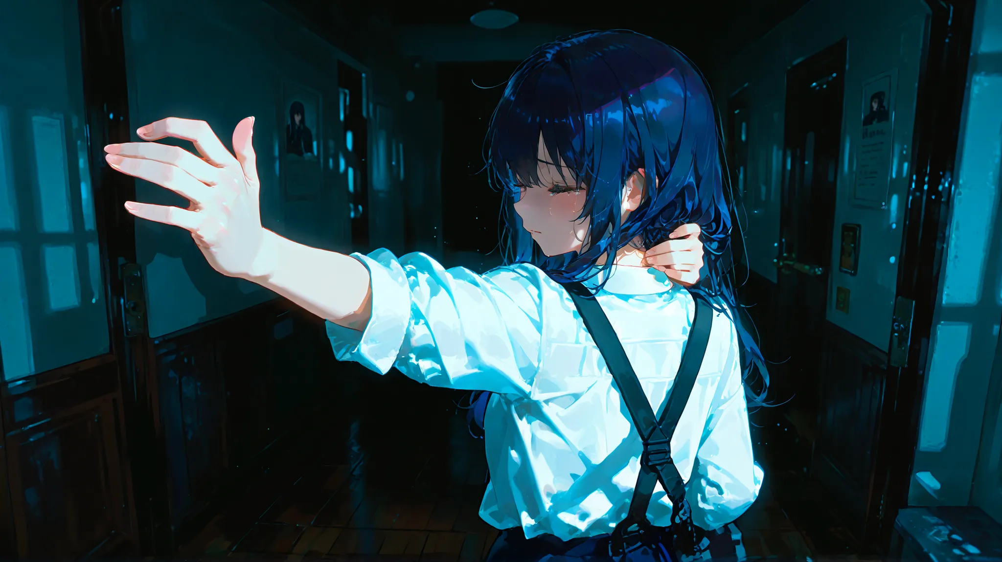 1girl, reaching out with fingertips, another figure's back disappearing beyond doorway, dim hallway, emotional tension, conflicted expression, holding back tears, white shirt with creases, soft lighting, shadows stretching along the floor, cinematic frame,...