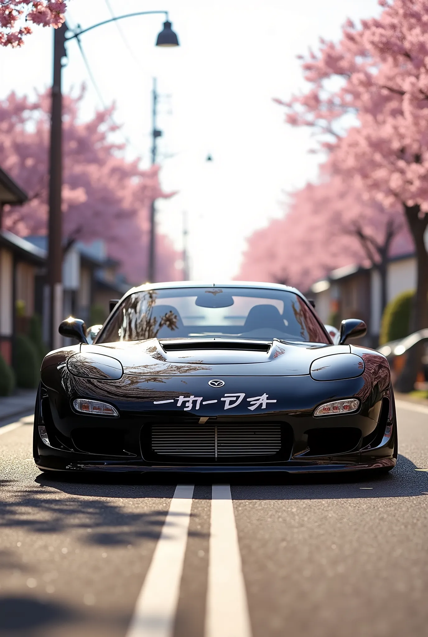 A black Mazda RX-7 FD with Japanese lettering drives on a typical Japanese road . The street is lined with traditional Japanese houses and blooming cherry trees . The lowered car with widebody Modifications and aggressive attitude fit perfectly into the qu...