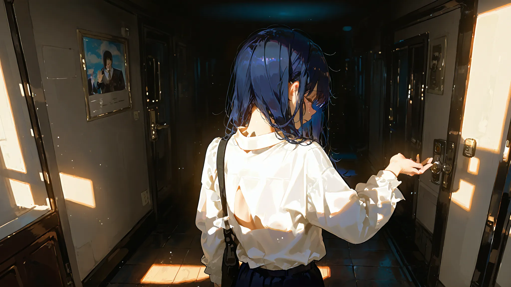 1girl, reaching out with fingertips, another figure's back disappearing beyond doorway, dim hallway, emotional tension, conflicted expression, holding back tears, white shirt with creases, soft lighting, shadows stretching along the floor, cinematic frame,...