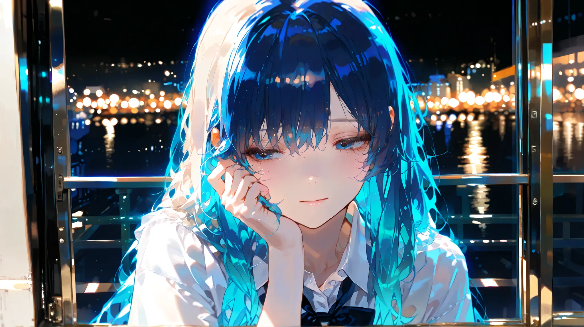 1girl, standing in the dark room, backlit by city lights through window, white shirt slightly open at collar, multicolored hair flowing gently, looking over her shoulder with a bitter expression, one tear running down her cheek, elegant posture hiding pain...