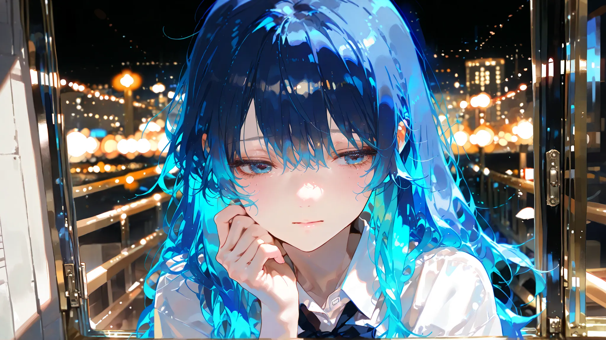1girl, standing in the dark room, backlit by city lights through window, white shirt slightly open at collar, multicolored hair flowing gently, looking over her shoulder with a bitter expression, one tear running down her cheek, elegant posture hiding pain...