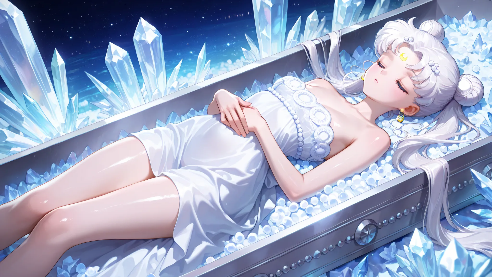 masterpiece, amazing quality, best quality, ultra-detailed, 8K, illustration, clear skin, ultra-detailed-eyes, soft skin, very awa, very as2, shiny skin, shiny hair, soft body, 90's style, official art, 1girl,solo,long hair,facial mark,white hair,crescent ...