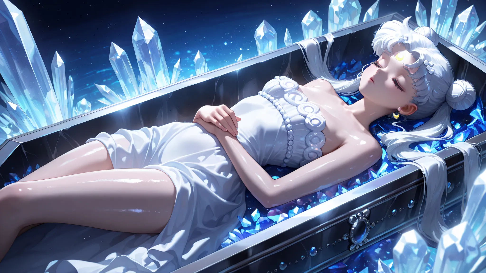 masterpiece, amazing quality, best quality, ultra-detailed, 8K, illustration, clear skin, ultra-detailed-eyes, soft skin, very awa, very as2, shiny skin, shiny hair, soft body, 90's style, official art, 1girl,solo,long hair,facial mark,white hair,crescent ...