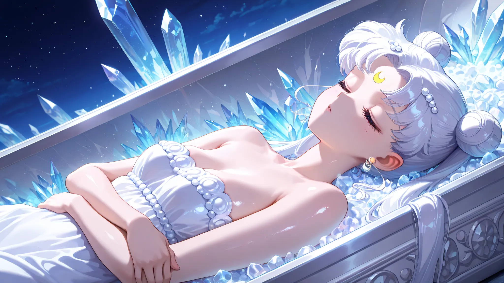 masterpiece, amazing quality, best quality, ultra-detailed, 8K, illustration, clear skin, ultra-detailed-eyes, soft skin, very awa, very as2, shiny skin, shiny hair, soft body, 90's style, official art, 1girl,solo,long hair,facial mark,white hair,crescent ...