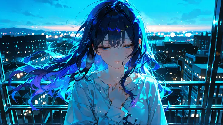 1girl, walking alone on balcony in deep night, soft wind blowing hair, mouth slightly open as if calling, eyes filled with longing, distant stars faint in background, cold city skyline behind, hand touching chest softly, white shirt fluttering
(((masterp...