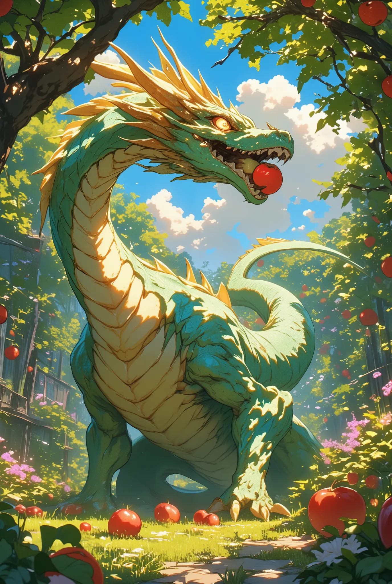 The dragon eats apples in the garden