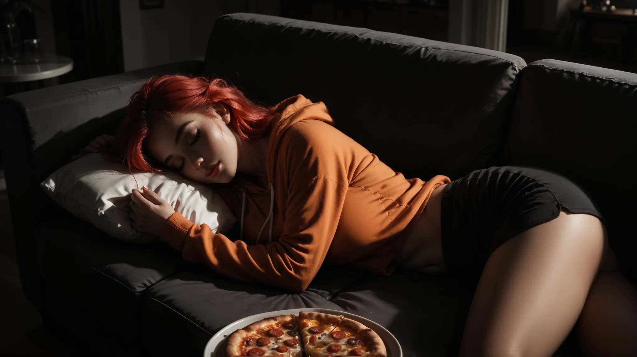 A relaxed Friday night in a cozy apartment. Beautiful girl lying on the couch, sleeps, the girl is wearing an orange hoodie,  the girl has long red hair, The girl is covered with a blanket to her stomach, Night, on the table is a box with two slices of piz...