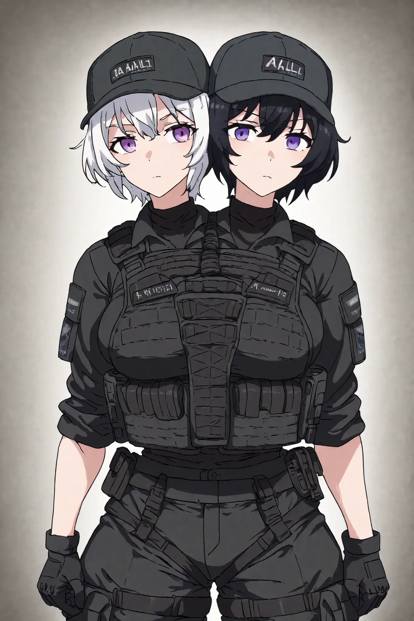 conjoined, 2girls, 2heads, two heads, a tall thin girls with 2 heads, white hair, black hair, short hair, purple eyes, large breasts, black combat shirt, black shirt, black pants, bulletproof vest, loose black gaiters, black gloves, tactical gear, baseball...