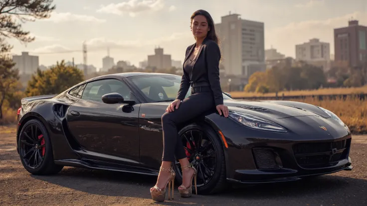 An athletic female is posing in a western cyberpunk city near a cyberpunk sports car at night, wearing a futuristic outfit (including high-heels) and adorned with intricate neon and rich jewellery. Autumn, wind, horizon, sharp light and shadows, cityscape,...
