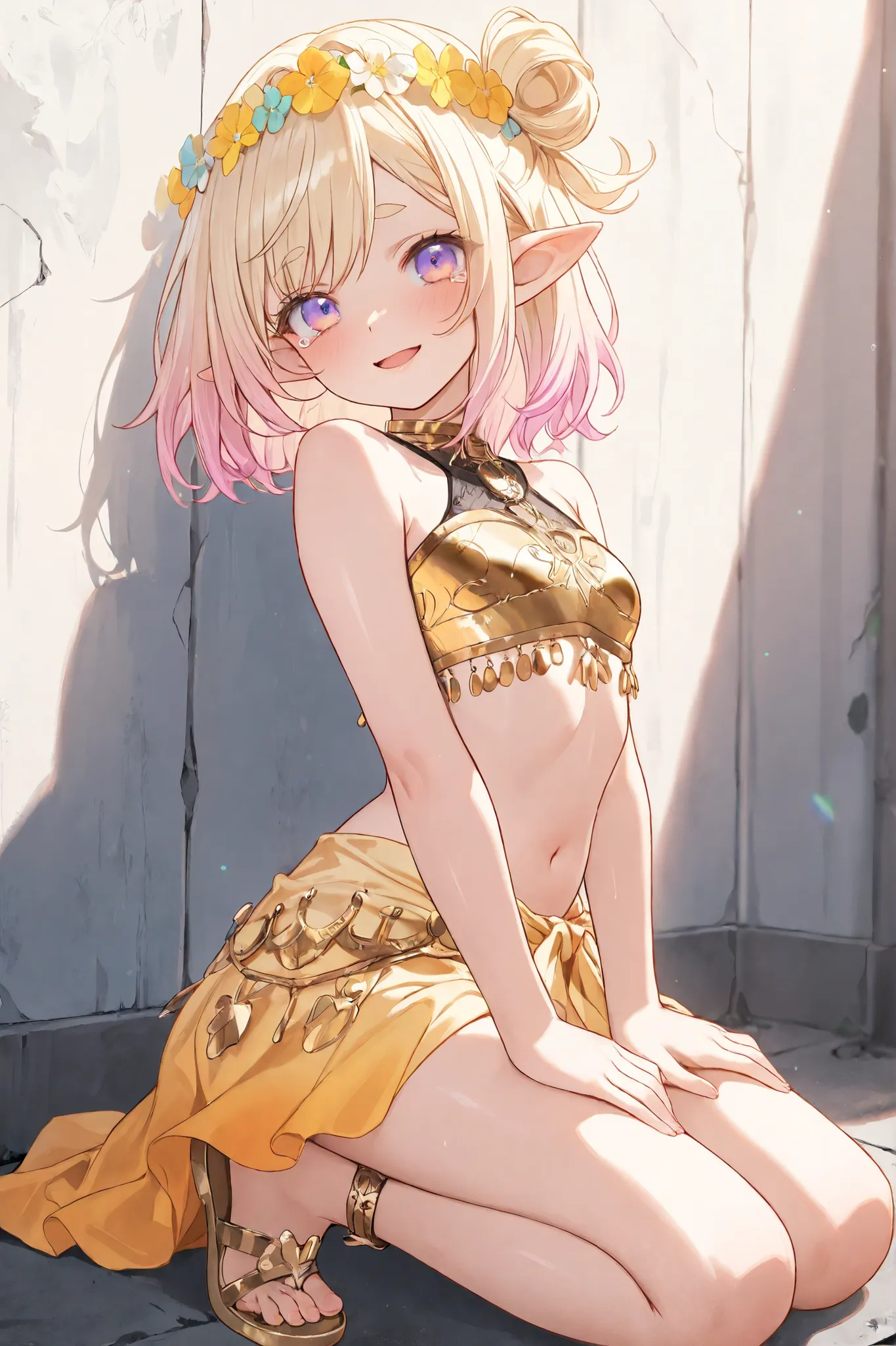 ((Masterpiece)), ((best quality, very aesthetic, absurdres, newest)), (from side, wide shot), (8K), (cinematic lighting), ((1girl)), (cute young girl), (Healthy body, Textured skin, small breast, tilt head), elf ears, Glossy unruly hair, (beautiful blond h...