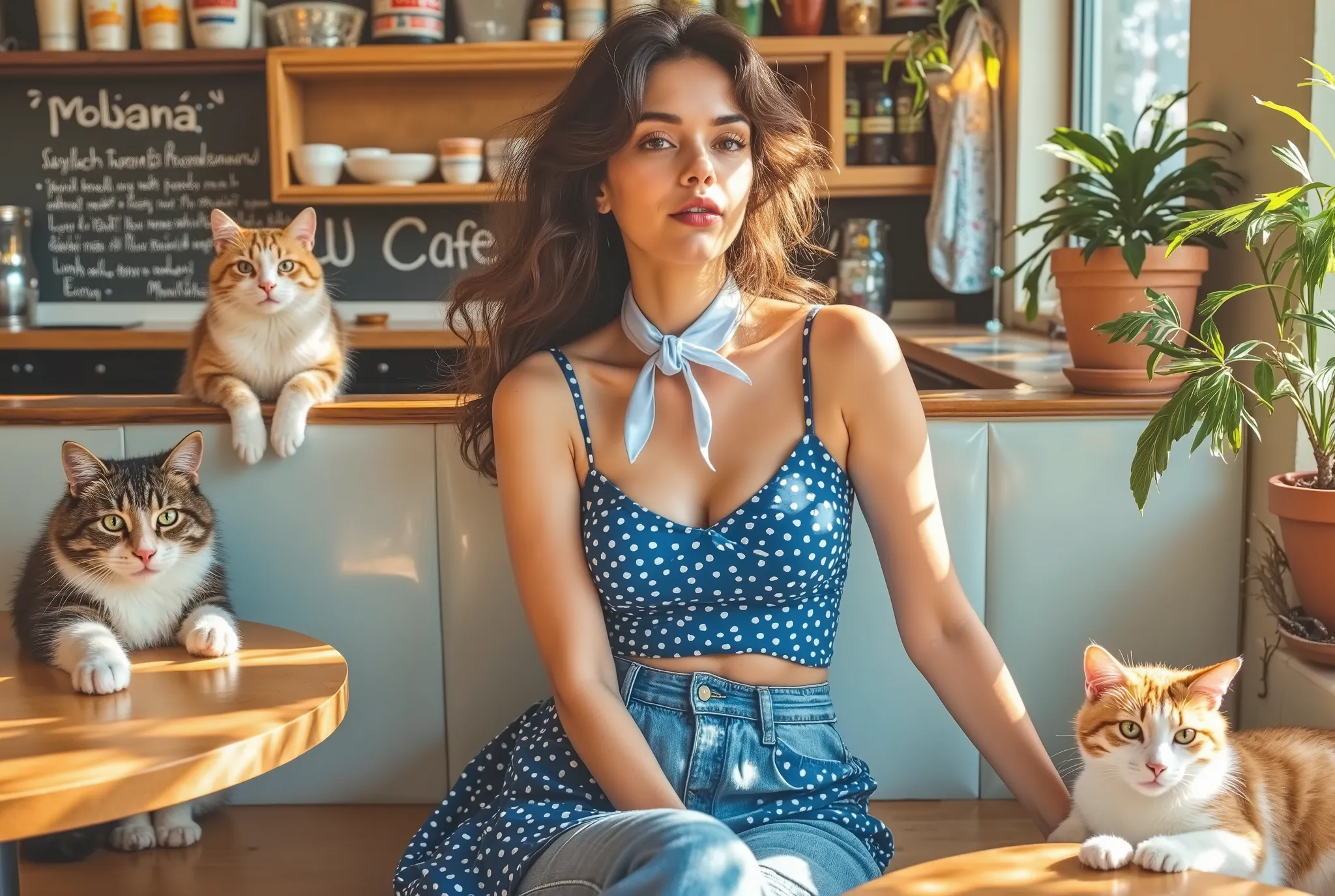 Painting abstract of A woman sitting on the caffee wearing polkadot blue gown and mini jeans , have a cotton syal wraping on her neck , in this caffe with 3 cat happy vibes . Background is interior old caffe