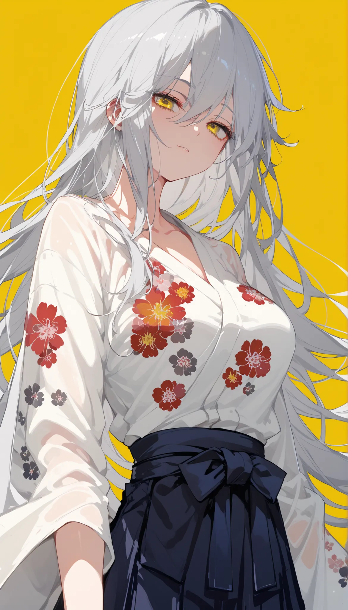 girl,white hair,, gray hair,slim,white,in a yellow eye,Long White Kimono , hakama white,long hair, busy , Milf, Tomboy,eyelash,yellow background, dark edges,Slim,long hair,Floral Print Shirt,