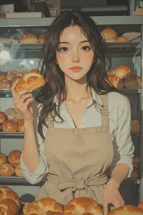 realistic, photo-realistic:1.4), (masterpiece,Highest Quality:1.2),  RAW Photo , high definition, 8k,超high definition, Low angle view ,  (Very dramatic composition:1.4),(Very dramatic composition:1.4),  20 year old Japanese woman,  Height 150cm , Extremely Sophisticated Eyes, perfect and detailed face in After's Prison, Very elaborate nose, A plump and healthy face, realisticな美しい人, healthy Gravure idol with a slender body,   bright雰囲気の優しい女性, The vibe of a young woman,  bright, in a fine art style photograph of a young East Asian woman working in a bakery. She wears a light brown apron tied neatly around her back,  over a simple white blouse with rolled up sleeves , Give a sophisticated yet friendly impression The rich brown and golden hues of the. Her long, Black hair naturally flows down her shoulders 、 tackles work with a warm and inviting expression .  Her soft , Her porcelain-like skin is illuminated by gentle natural light shining into the bakery, it enhances the warmth and appeal of the entire scene.

the bakery is tightly lined with freshly baked bread, all neatly arranged on the glass shelf behind the woman. Mr.々bread and pastries are、creates a beautiful contrast with the modern vibe,  A beautiful glass and metal showcase . Breads of various shapes and sizes are attractive to look at, From the small ones,  from a round bun to a large bun ,  Each pan is made with skilled techniques . The woman holds a golden pastry in one hand, as if offering it to the viewer,  Her smile is gentle and welcoming . Her other hand is gently placed on a tray of bread,  carefully and accurately adjusts the display .

The lighting in the bakery is soft and warm, creates a cozy atmosphere、the details of the bread and her kindness, calm attitude. the sunlight shining through the bakery window、The sparkle of glazed pastries and bread, At the same time, it also highlights the woman's concentrated expression. The reflection of the bread reflected in the glass case It adds depth to the image, adds immersion and vibrancy to the scene, It's like standing inside a bakery, Seems to witness the quiet hustle and bustle of morning preparations.

The overall composition of the photo is well-balanced and in harmony, woman standing in the center, Surrounded by nicely arranged baked goods. The bakery itself has a modern, Clean design, and the metal shelves and glass display stand out, warm,  The protagonist has sexy lips, small breasts, Female, Soft body,  Attractive lower body, glamorous hips and thighs , Short boyish brown hair, frizzy hair, (EXact perspective:1 . 4) , (EXact ratio of bike to person:1 . 4) , anatomically balanced body ,  anatomically accurate body to show the urethra 、eyes narrowed to the limit, anatomically accurate limbs, anatomically accurate hands and fingers, NSFW prohibited, illustration-fen, Anime art, sftsrv style illustration, complex art, Comic book illustration 