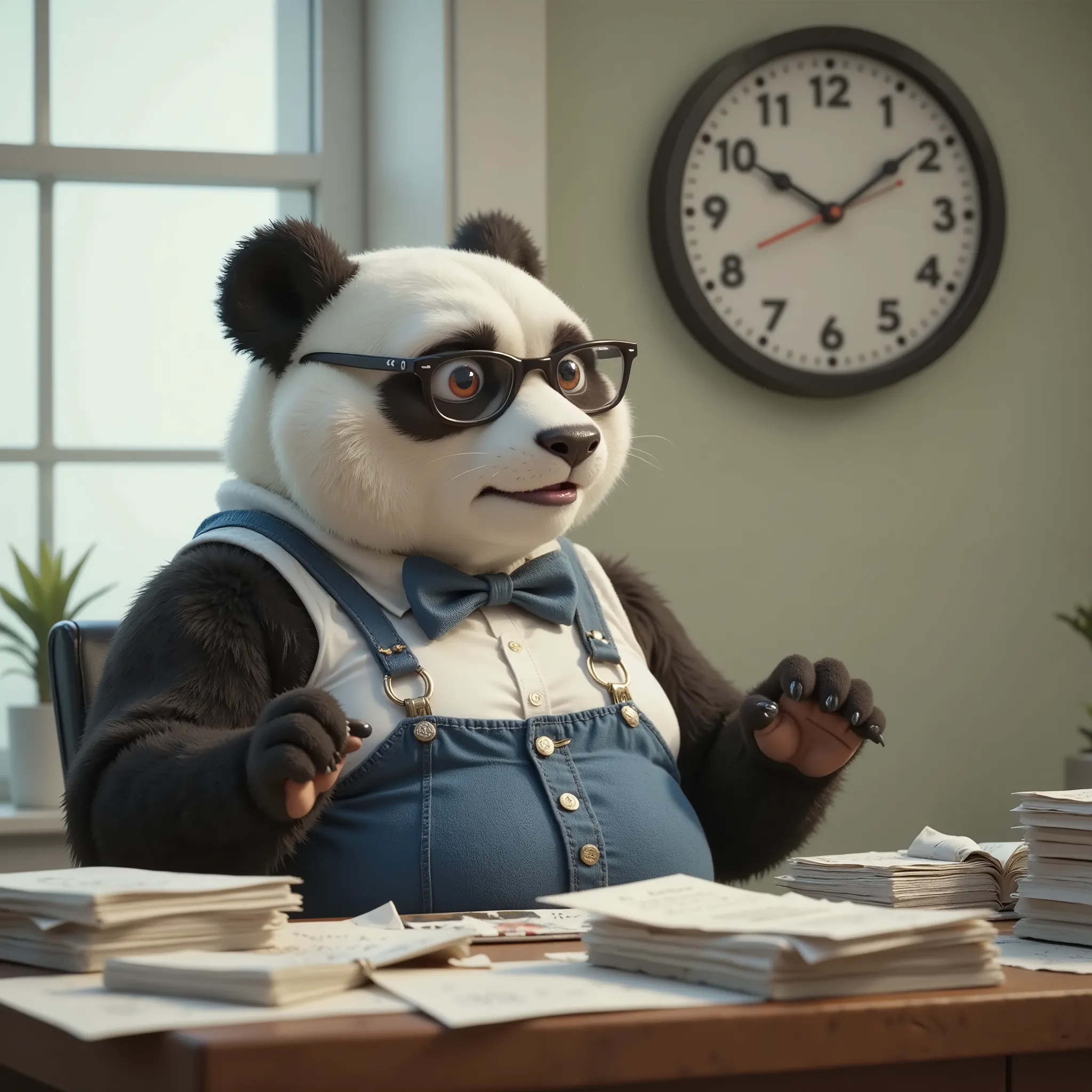 An adult panda, Pixar style, dressed as an office worker, wearing a white shirt, blue fabric pants, tie, lentes. The panda is sitting at a desk full of messy papers, The panda is looking at a wall clock with a worried face, The clock marks 12:00.