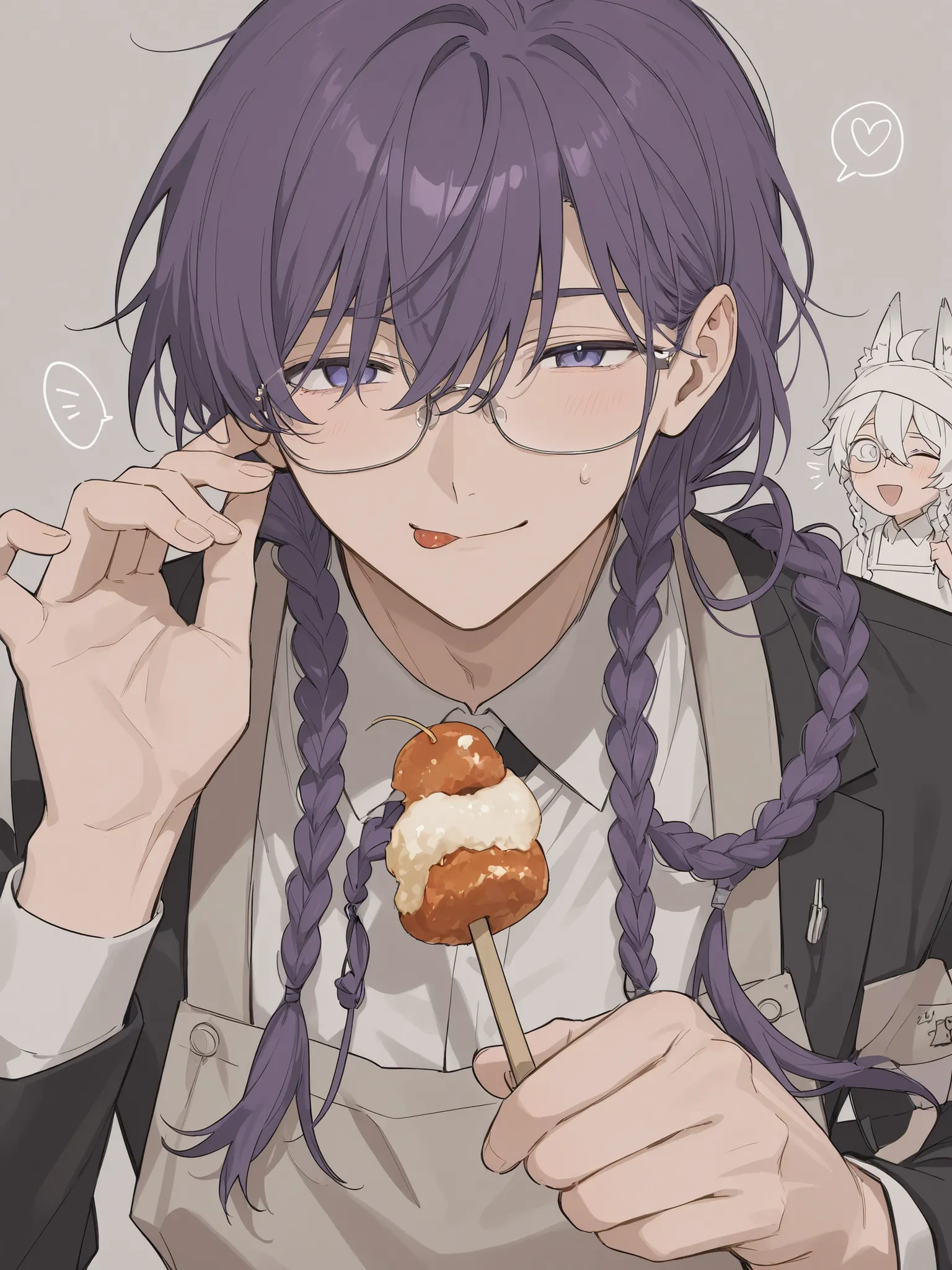 I have long hair Fox male I'm wearing glasses One eye is hidden by hair anime cool face 22 pretty face Itome Anime Cute braids Hand-drawn I'm wearing an apron Smiling Boy Having food boy