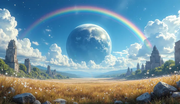 (( Astonishingly )),(masterpiece:1.2),超High Resolution, Atención al detalle, High Quality, High Resolution, 最High Quality, 4k, 8K、 very beautiful、landscape、landscape画、Infinite blue sky、A rainbow appears、There are a lot of ruins there 、dandelion fluff flyin...