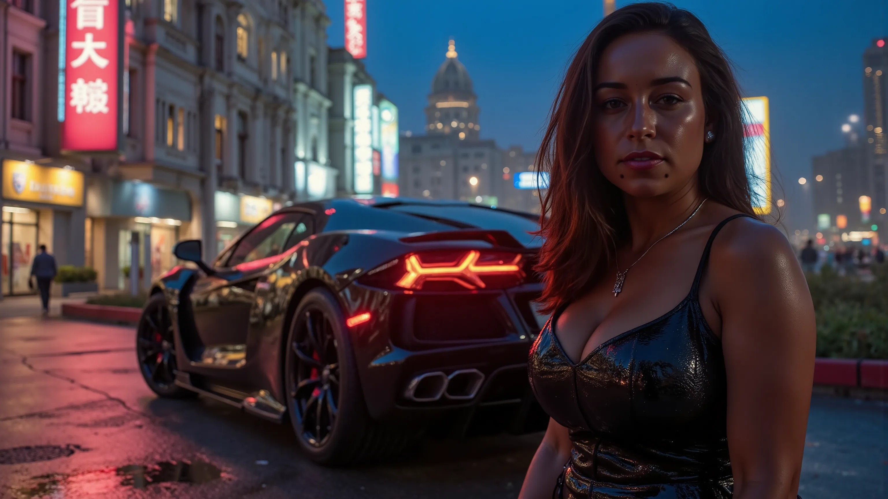 An athletic female is posing in a western cyberpunk city near a cyberpunk sports car [from the brand "Dream Diffusion", "Flux-Hi v8" model], at night, wearing a futuristic outfit (including high-heels) and adorned with intricate neon and rich jewellery. Au...