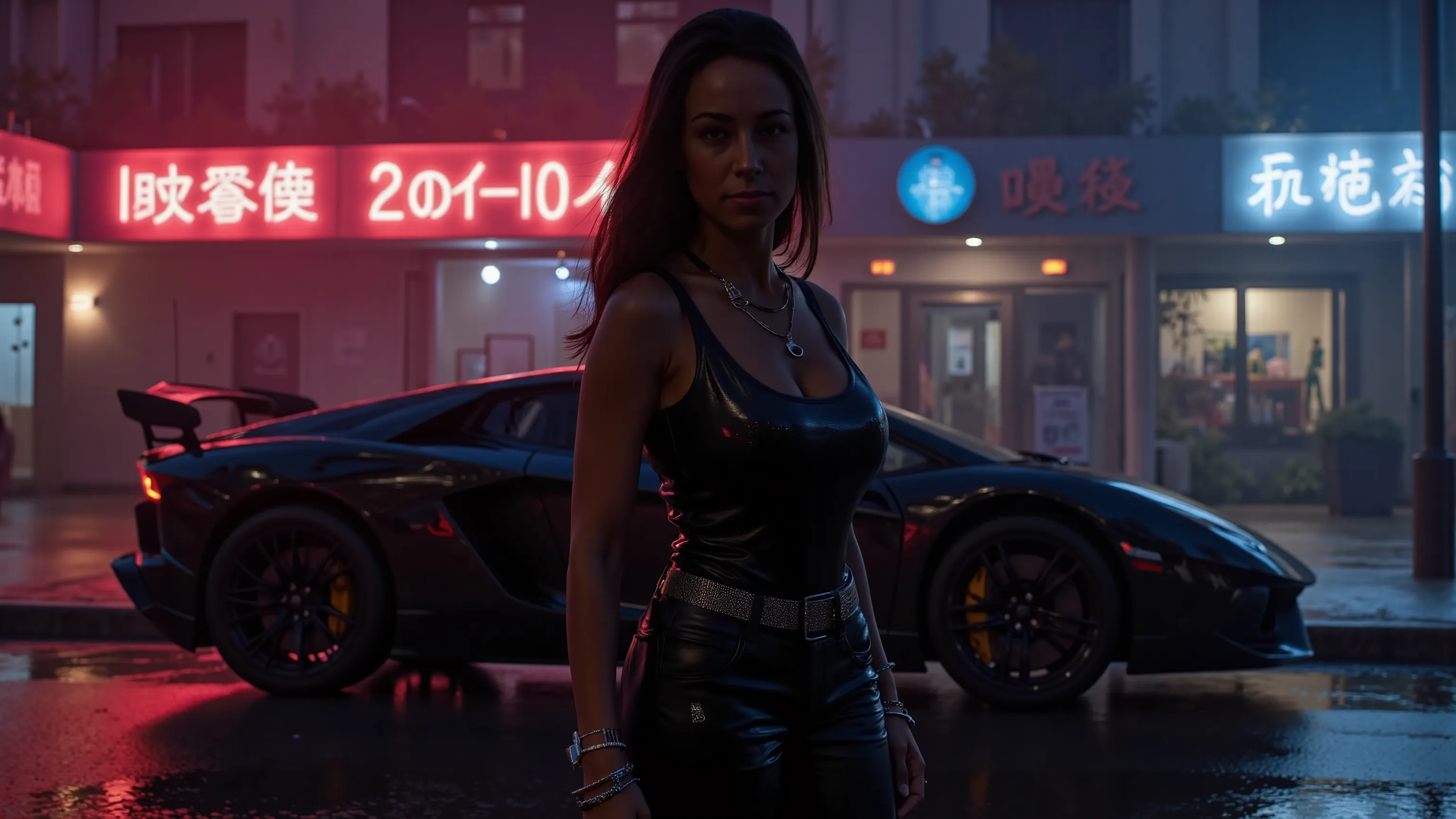 An athletic female is posing in a western cyberpunk city near a cyberpunk sports car [from the brand "Dream Diffusion", "Flux-Hi v8" model], at night, wearing a futuristic outfit (including high-heels) and adorned with intricate neon and rich jewellery. Au...