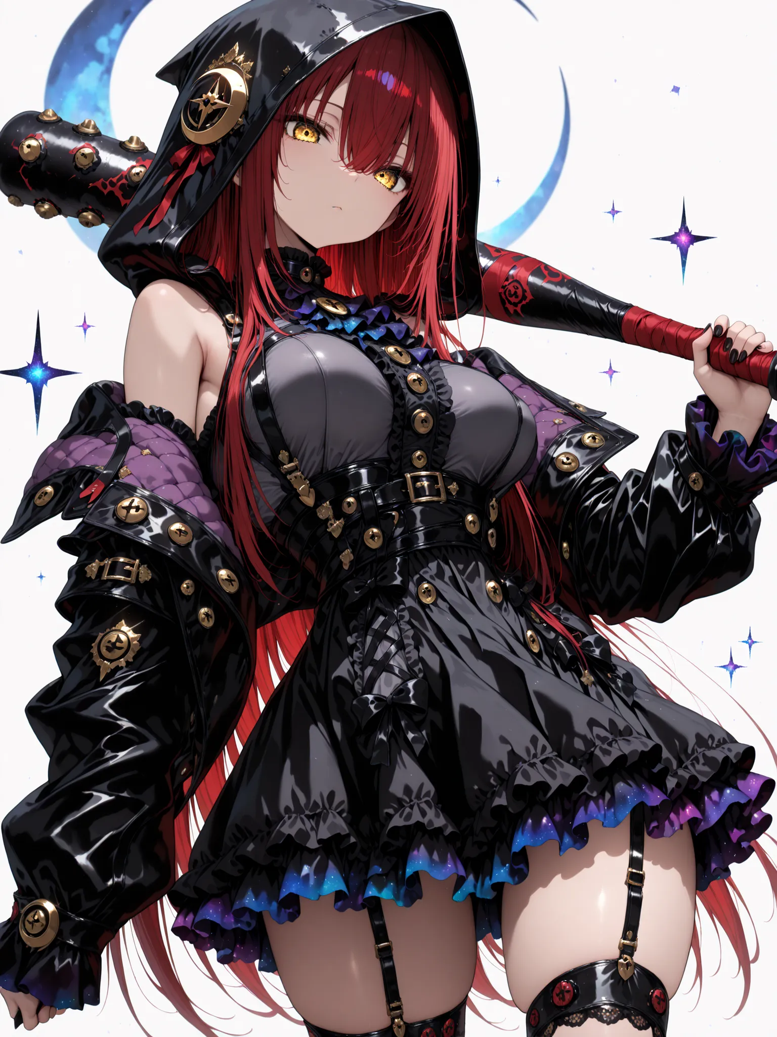 1 girl , golden eyes , very long hair , long sidelocks, red hair ,half updo, petite , very cute , beautiful ,Straight hair, cool, handsome, hair between eyes, sexy, female, medium large breasts, , othic mini dress, black mini dress with frills, emotionless...