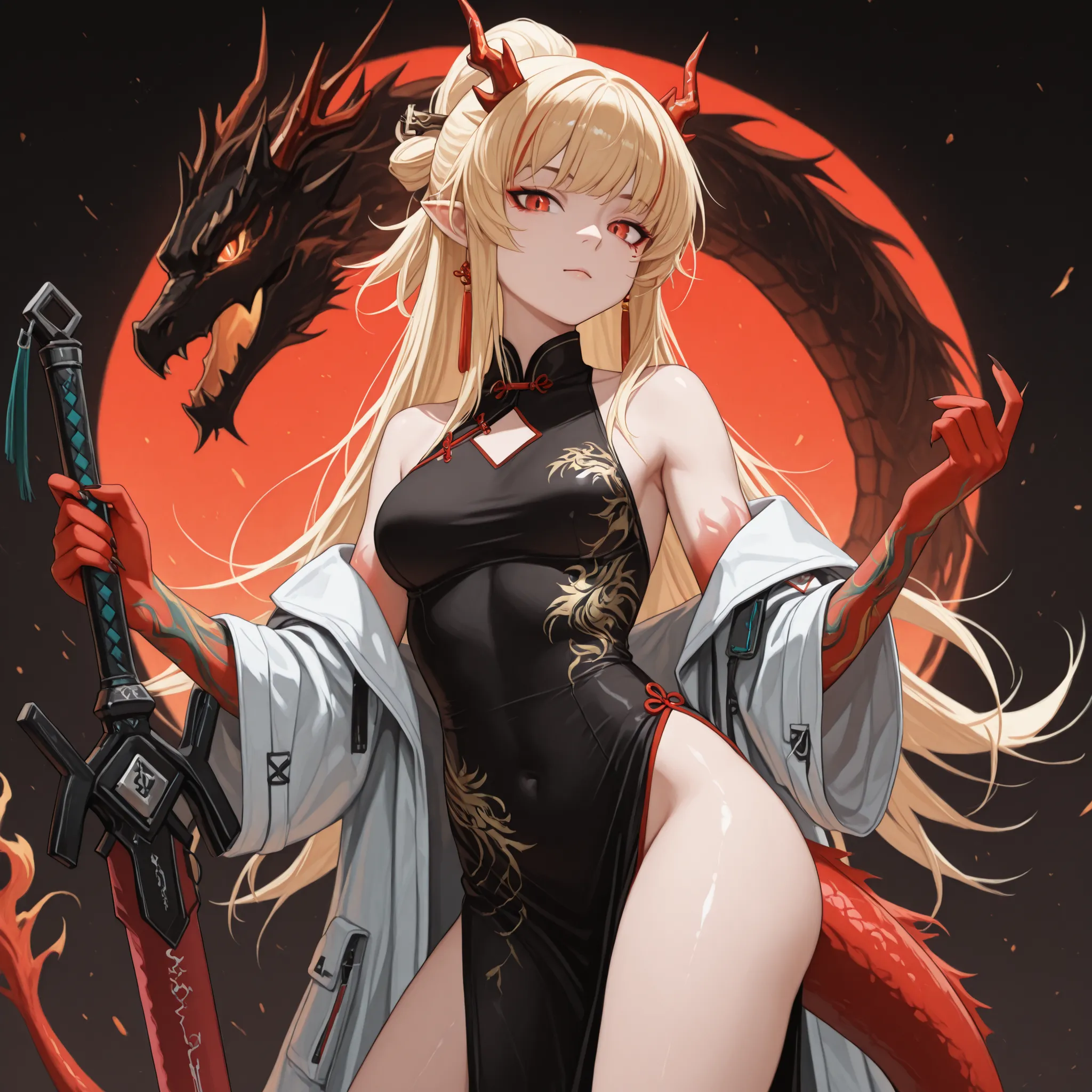 sozinho, 1 menina, facing the viewer, blond hair, Oshino Shinobu's hairstyle with "bakemonogatari", Nian's body with "Arknights", flashy red eyes, Long FRINGE, Perfect Anatomy, estudante, long red horns like Nian's "arknights", rosto feroz, red dragon tail...