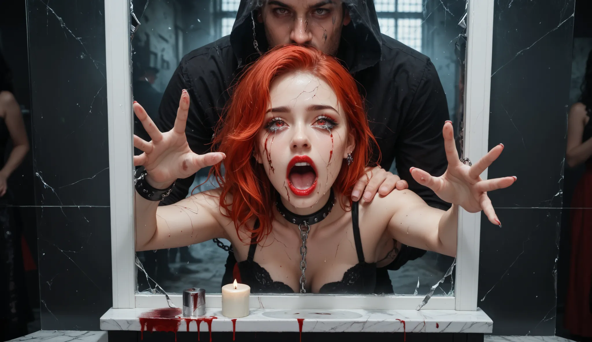 The background in reality is a cozy room with soft light. in the reflection behind her back girl — someone's pale fingers, reaching out to her shoulder, Cracks in the glass separate the two worlds: eyes full of tears, but in the reflection, distorted by su...