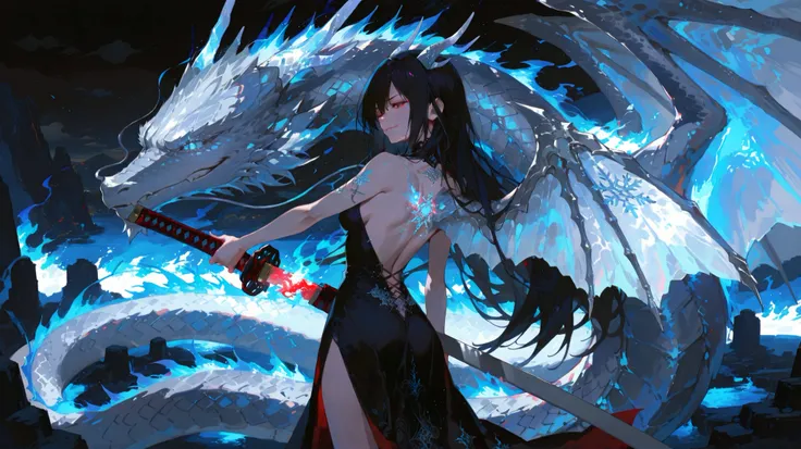 (Unbelievable high resolution , masterpiece , highest quality , highly detailed , Clear image , 8K , CG , high quality anime picture , Photographic perspective ) , a confident anime girl, 168cm tall, long black hair, red right eye shaped like a dragon's ey...