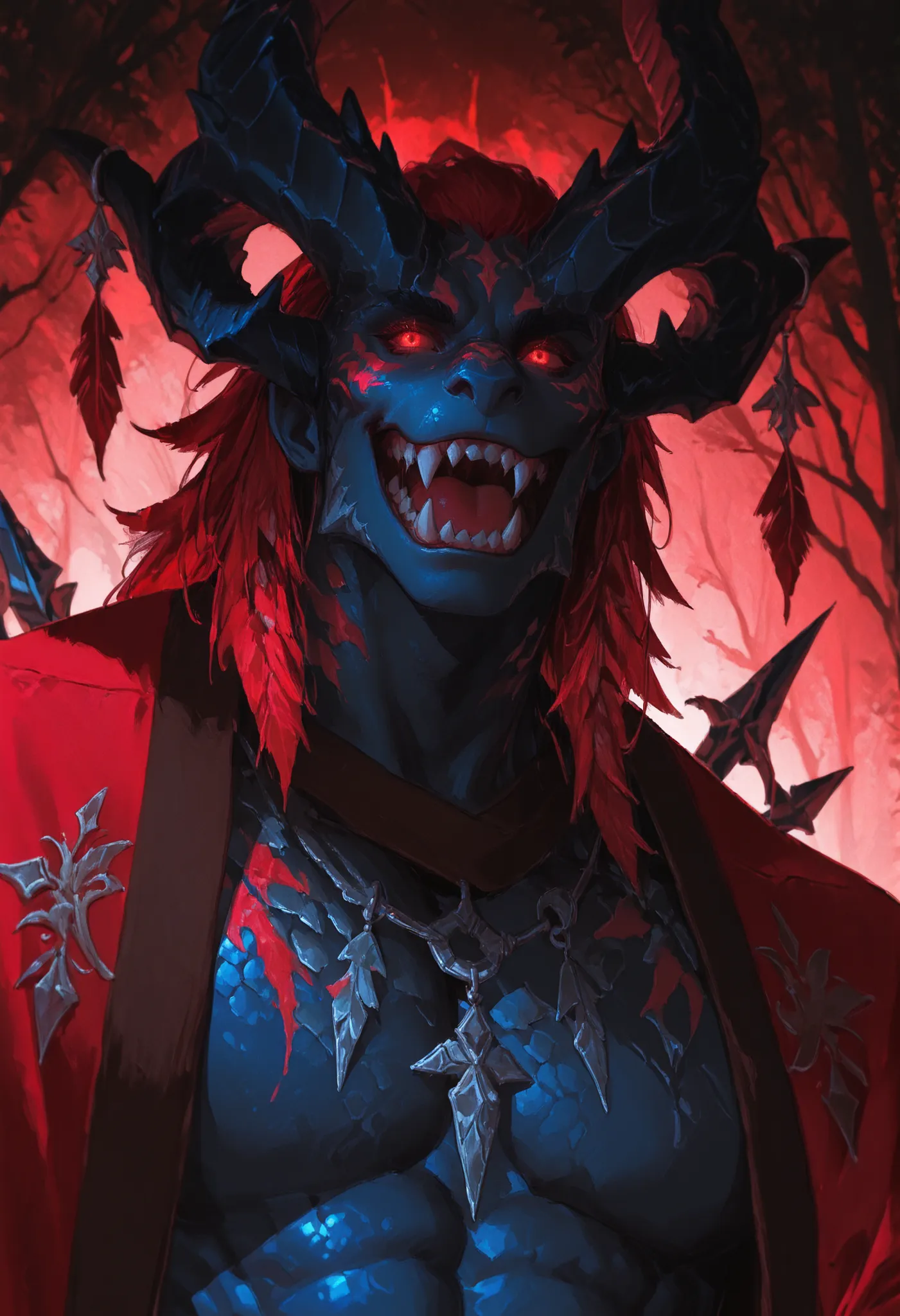 close-up portrait, solo, male, deep blue skin with shimmering silver scales, glowing amber eyes, and two pairs of glossy black horns with red veins. His muscular build is adorned with a green animal hide top, a necklace of beast teeth. A long, muscular tai...