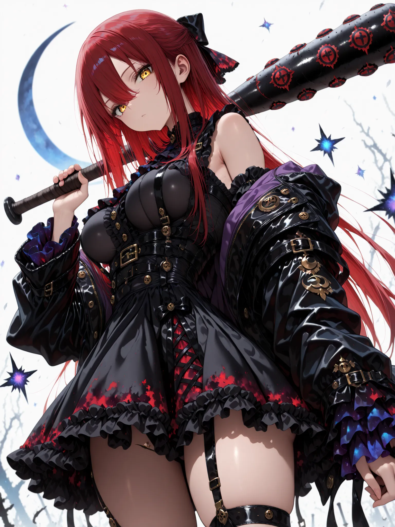 1 girl , golden eyes , very long hair , long sidelocks, red hair ,half updo, petite , very cute , beautiful ,Straight hair, cool, handsome, hair between eyes, sexy, female, medium large breasts, , othic mini dress, black mini dress with frills, emotionless...