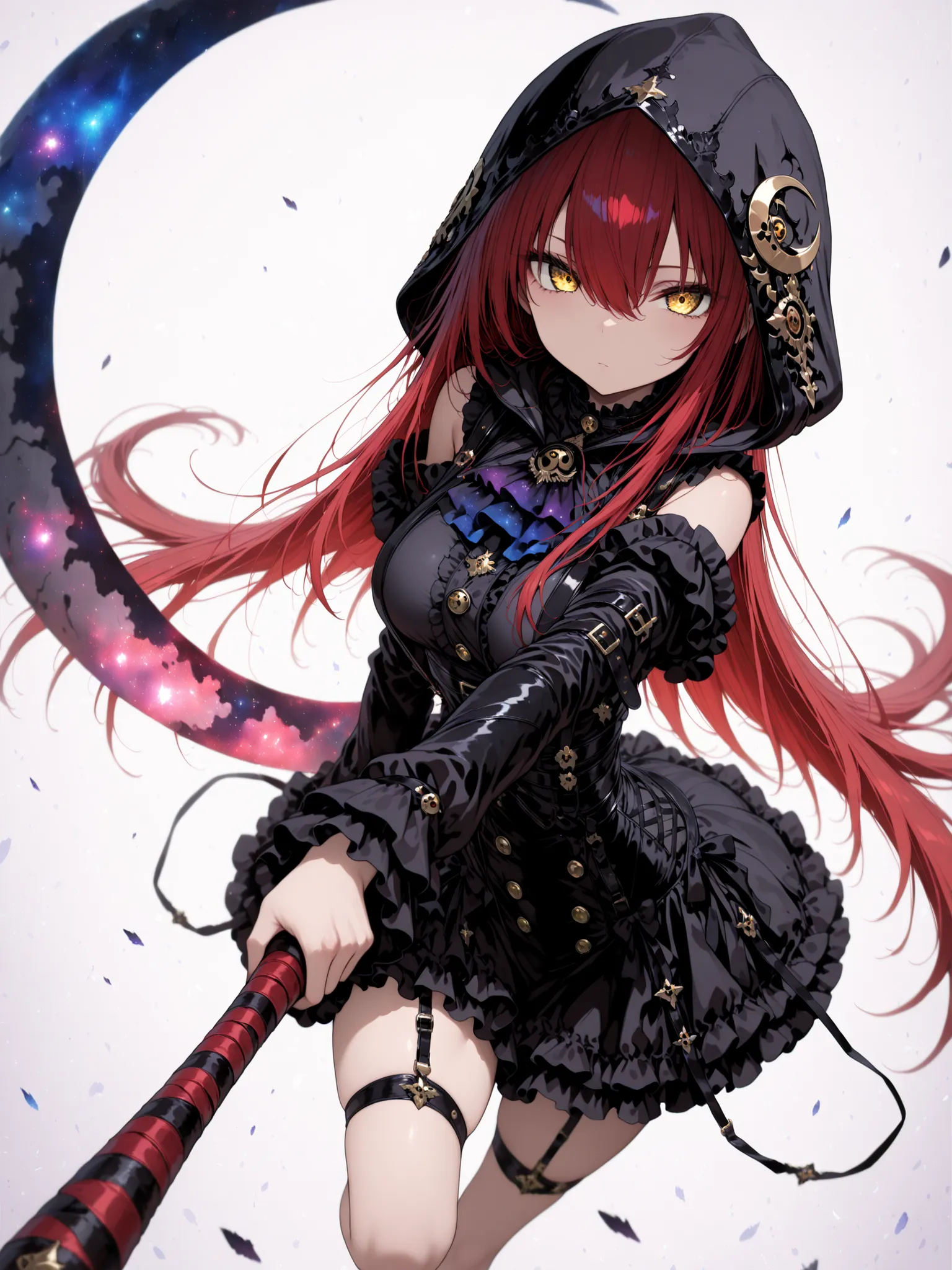 1 girl , golden eyes , very long hair , long sidelocks, red hair ,half updo, petite , very cute , beautiful ,Straight hair, cool, handsome, hair between eyes, sexy, female, medium large breasts, , othic mini dress, black mini dress with frills, emotionless...