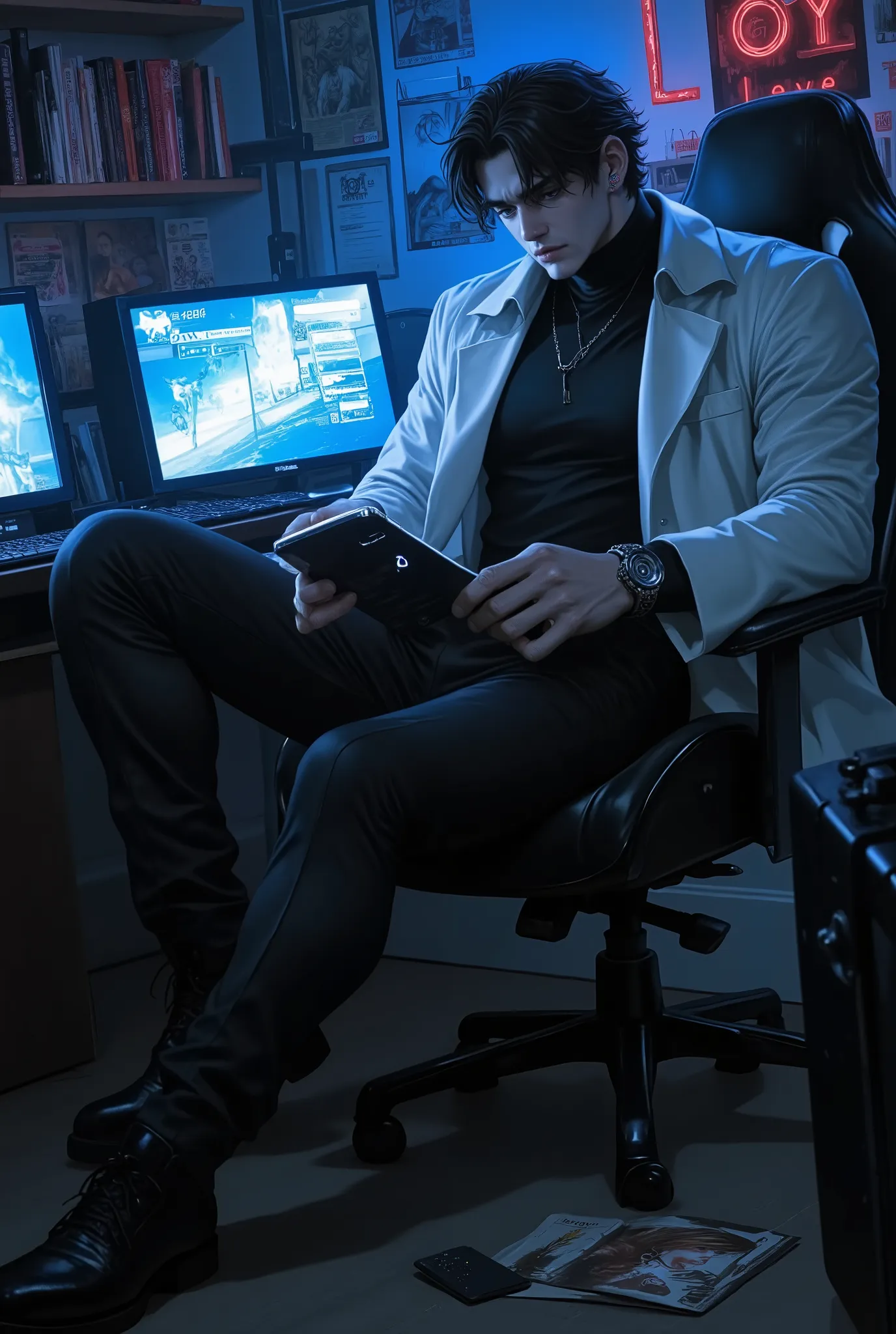 Style: Semi-realistic manhwa with dark, moody tones—watercolor textures, gritty grain, and cinematic shadows to enhance the dramatic atmosphere.

Subject: Dr. Julian Cross—a devastatingly handsome, lean-but-toned scientist in his early 30s, sitting in a ga...
