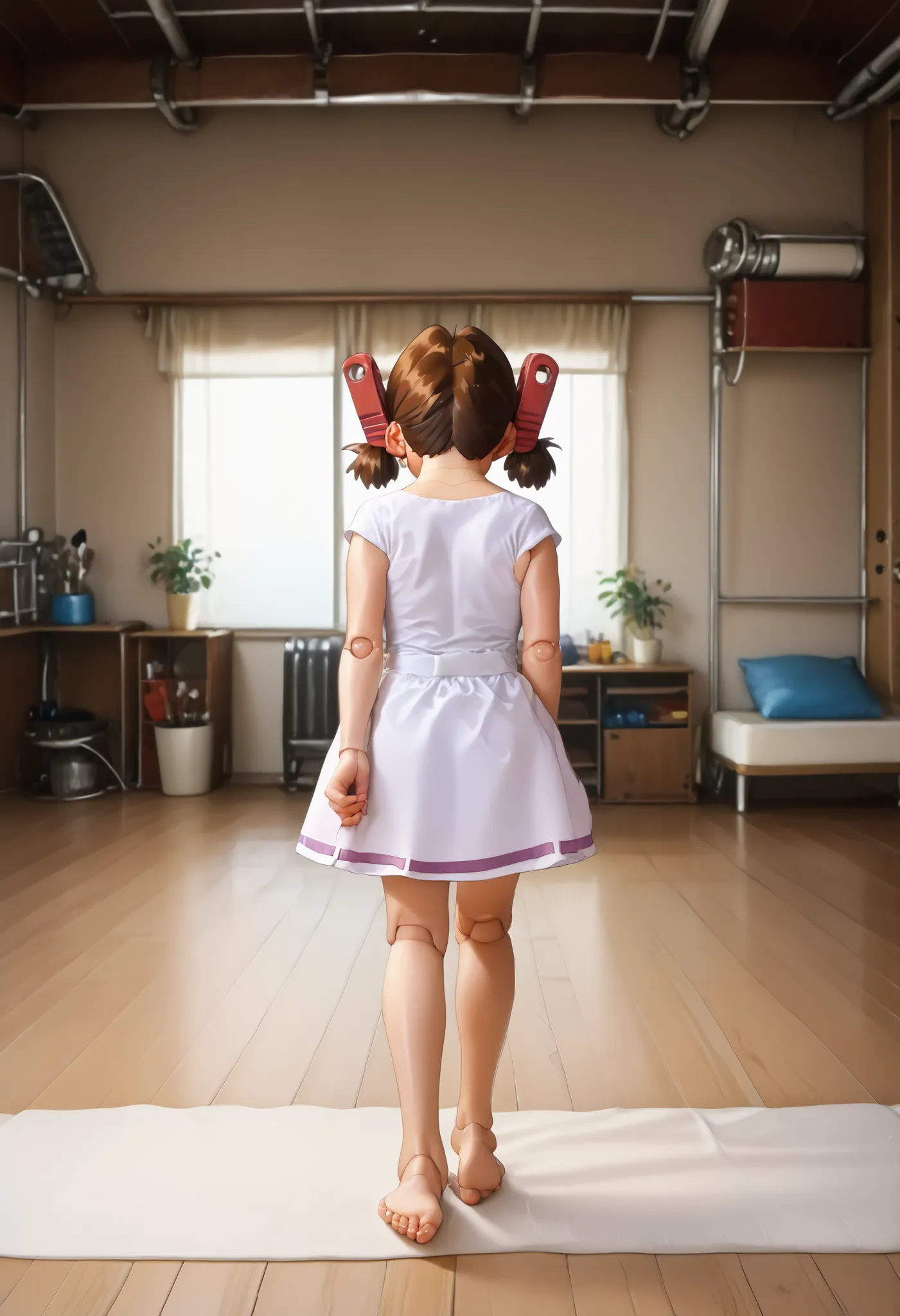  A mechanical mature lady is very short pigtails, brown hair, Hair tie with two red big red clothespins, android, blue eyes, anime picture, full body figure. She wares simple white light one-piece dress and simple white panty. angle from turn around top vi...