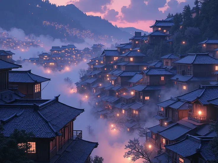 A fantastical night scene of a mist-covered Japanese mountain city. Traditional wooden buildings with tiled roofs densely line the slope, each glowing warmly through shoji-style windows. The atmosphere is serene and otherworldly. Subtle cyberpunk details—f...