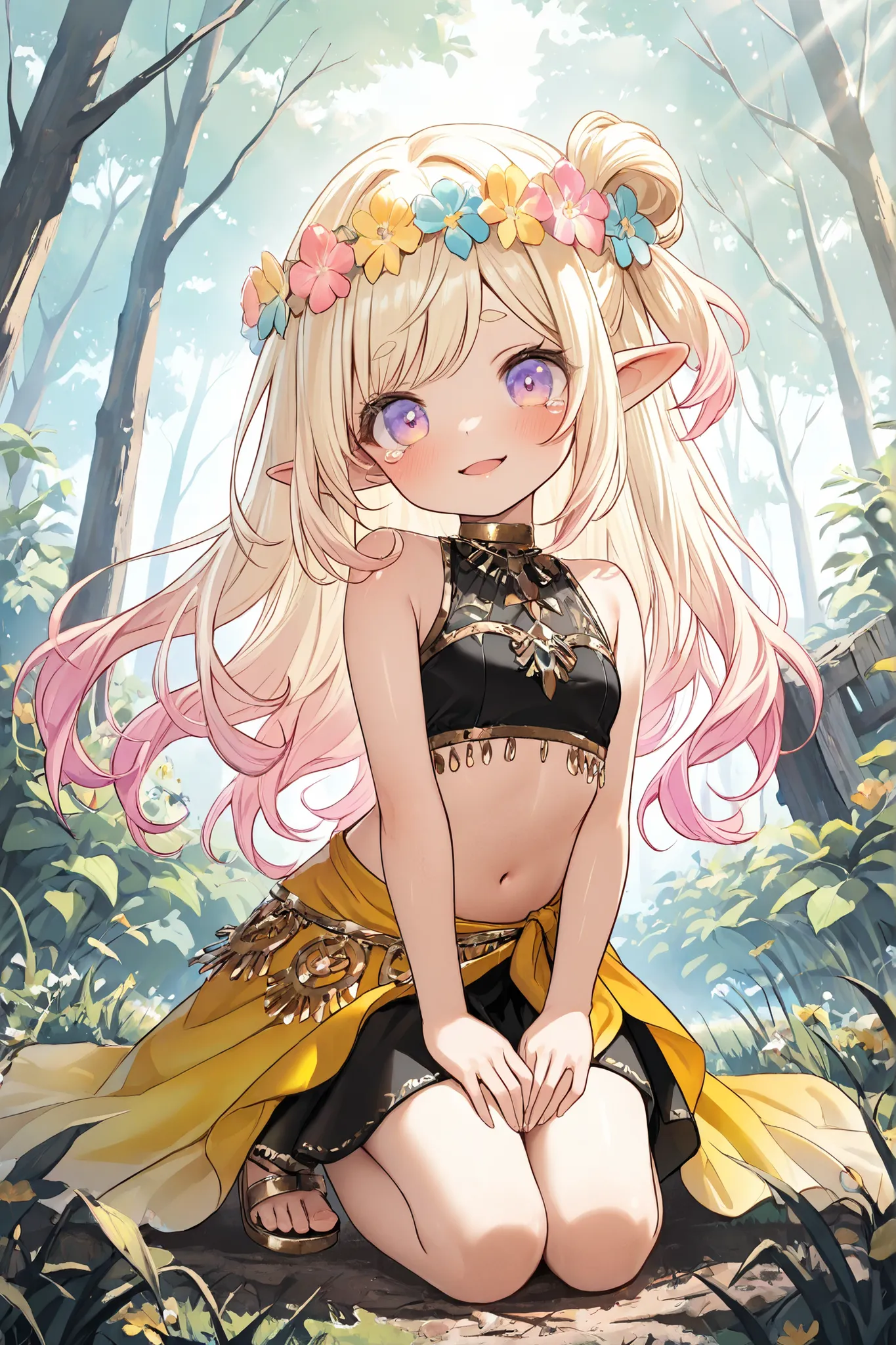 ((Masterpiece)), ((best quality, very aesthetic, absurdres, newest)), (wide shot), (8K), (cinematic lighting), ((1girl)), (cute young girl), (Healthy body, Textured skin, small breast, tilt head), elf ears, Glossy unruly hair, (beautiful blond hair, gradie...