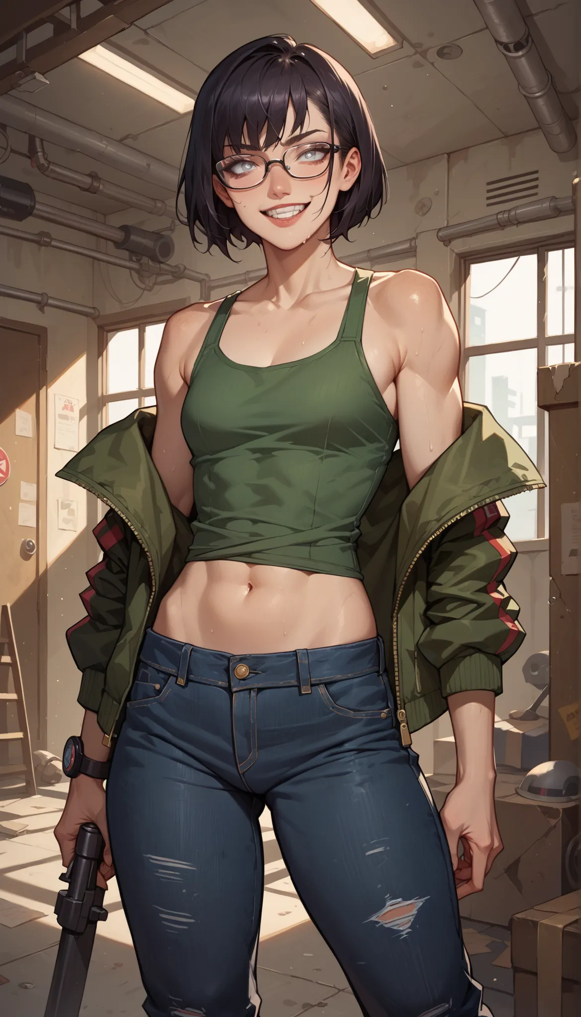 Small eyes, three white eyes, Alasaa Japanese Glasses Otaku 1 woman black hair short bob sadist teeth smile slender small flat chest toned body MILITARY JACKET dark green tank top belly button concrete room under lay black...