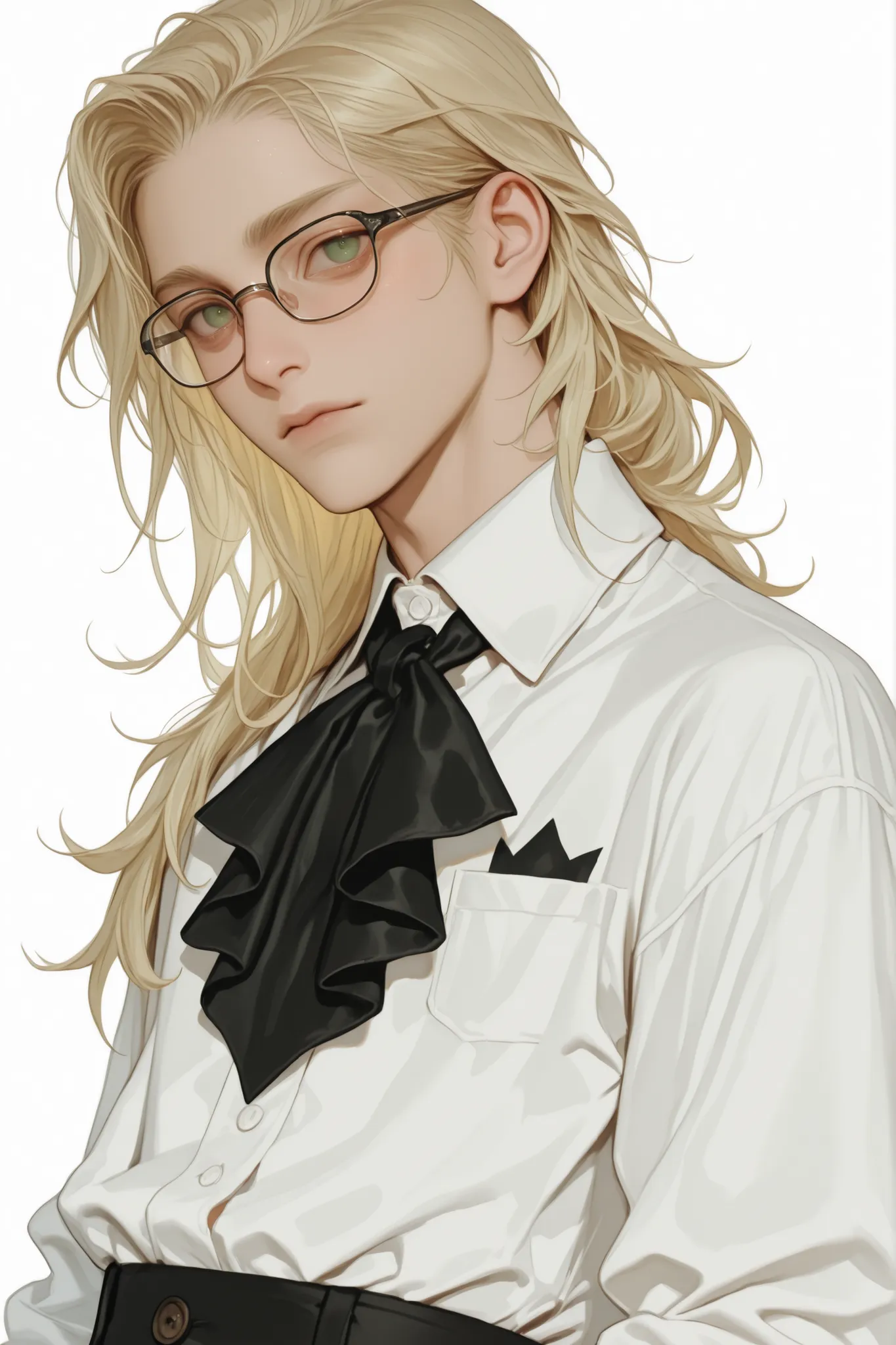 A 23 year old young white man with waist-long blonde hair and green eyes wearing glasses and a white shirt with a black cravat , white background