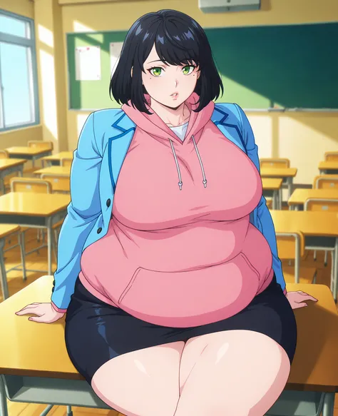 anime screencap, masterpiece, best quality,
1girl, solo, parted lips,
medium hair, black hair, swept bangs, green eyes, mole under eye,
SongYiSchool, blazer, open jacket, blue jacket, pink hoodie, pencil skirt, black skirt,
sitting, on table, crossed legs,...
