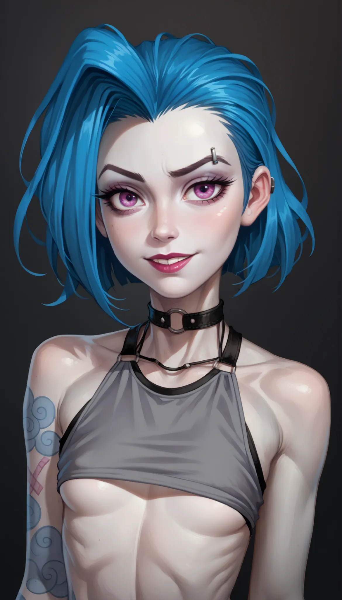 one girl, jinx of league of legends, slender body, blue hair, (short hair:1.4), purple eyes, beautiful eyes, (grey skin, pale skin:1.3), blue tattoos, (very small chest:1.2), gradient blured background, (upper body, bust:1.2), grey crop top, (underboob:1.2...