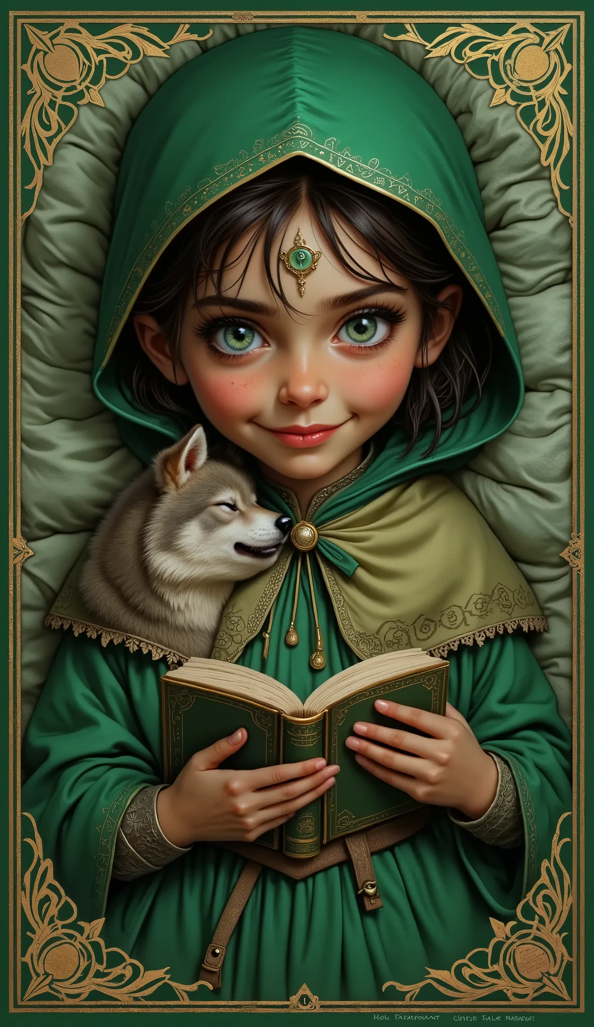 A girl is wearing  a green riding hood. She is happily reading a book to a wolf that is sleeping in a bed as in tale.  The wolf is wearing the grandmother's dress.   The cover of book is green with gold marks. The text on to book's cover says "GBOOK" with ...