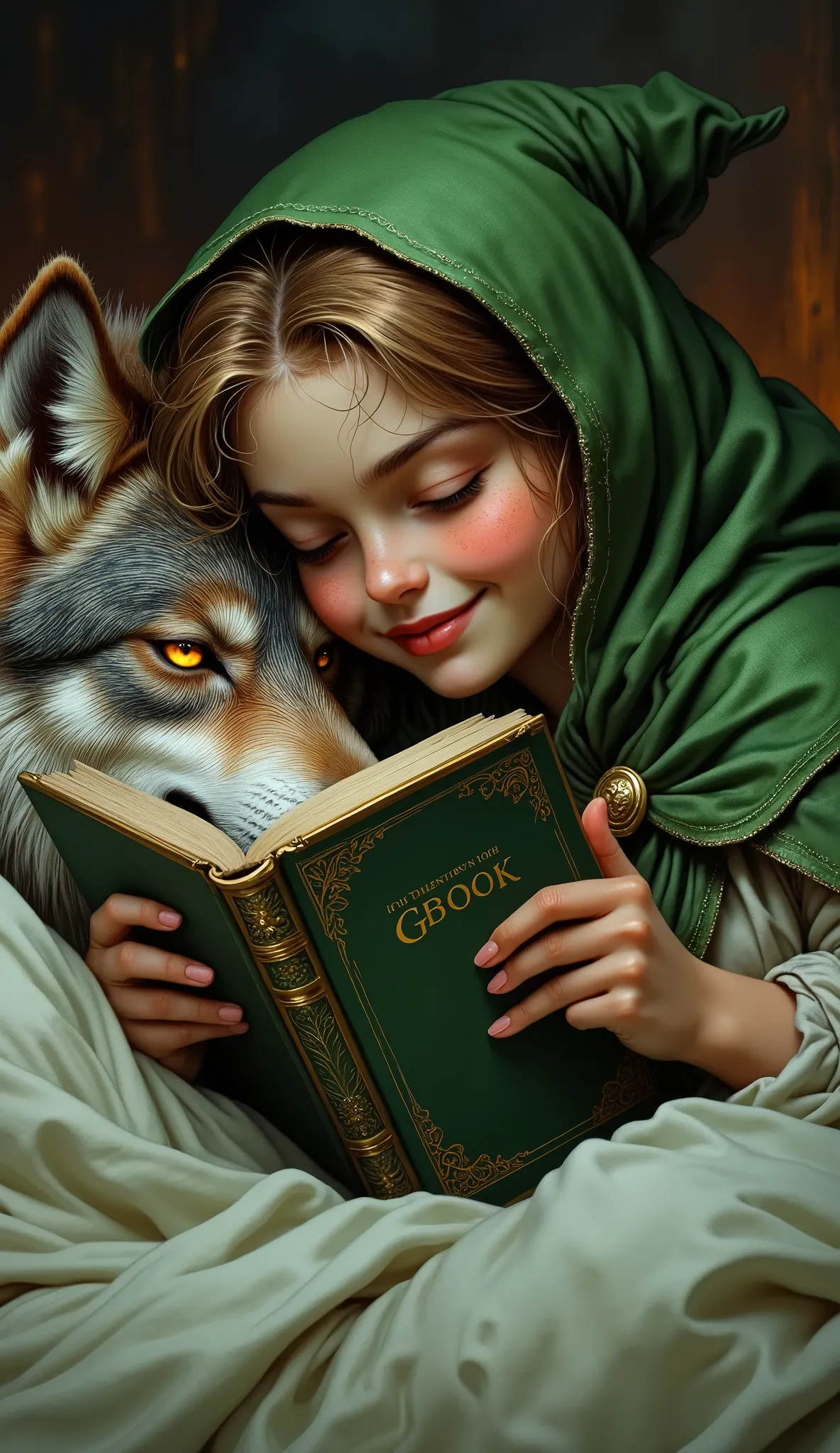 A girl is wearing  a green riding hood. She is happily reading a book to a wolf that is sleeping in a bed as in tale.  The wolf is wearing the grandmother's dress.   The cover of book is green with gold marks. The text on to book's cover says "GBOOK" with ...