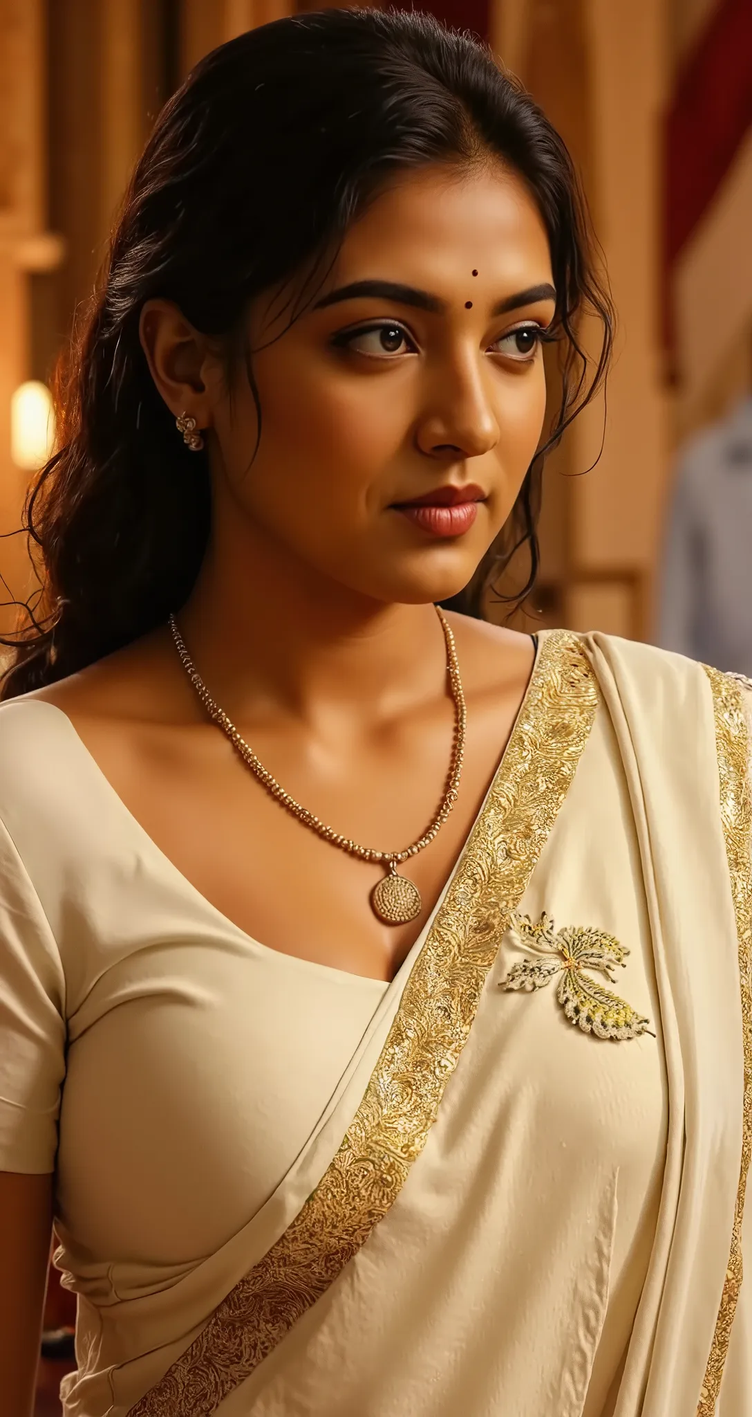 Looking at the viewer with sexy look, front view,Indian sexy bhabhi, wearing yellow glossy saree,tight yellow sleevless strapless bra, dancing outside in rain,dripped wet in rain, half drape saree,both hands on head showing dark hairy armpits,detailed wet ...
