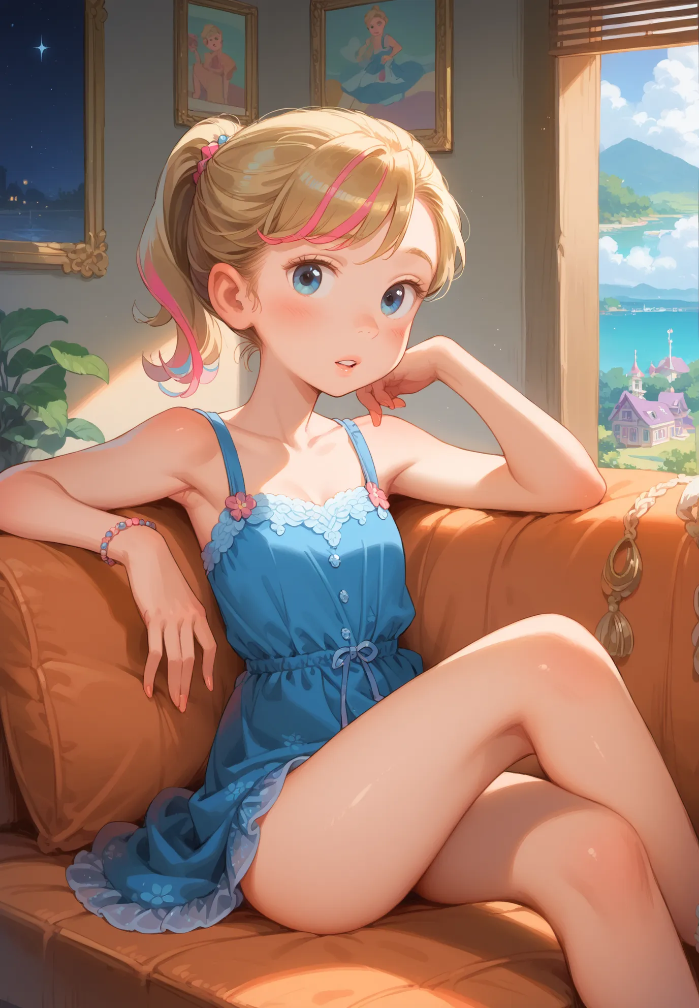 1girl, solo, Riley Andersen, Inside Out, parted lips, blonde ponytail hair with pink highlights, sitting on a sofa, sexy pose, alluring atmosphere,night time, seaside town, beautiful lighting and shadows,masterpiece,top quality,warm color,high resolution,h...